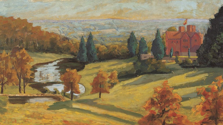 Painting of Chartwell by Sir Winston Churchill. Autumnal trees in the foreground and beside the swimming pool, the brick house of Chartwell in the midground. Rolling hills and fields of the Weald of Kent in the background beneath a cloudy sky.